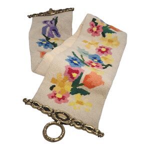 Tapestry Bell Pull Needlepoint Brass Ends Wall Hanging 48” Flowers Floral VTG